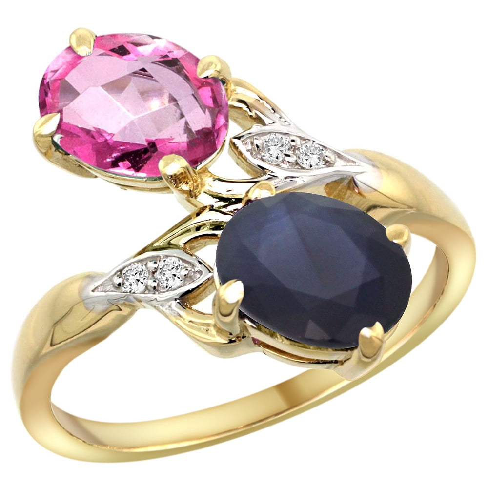 10K Yellow Gold Diamond Natural Pink Topaz & HQ Blue Sapphire 2-stone Ring Oval 8x6mm, sizes 5 10 by WorldJewels
