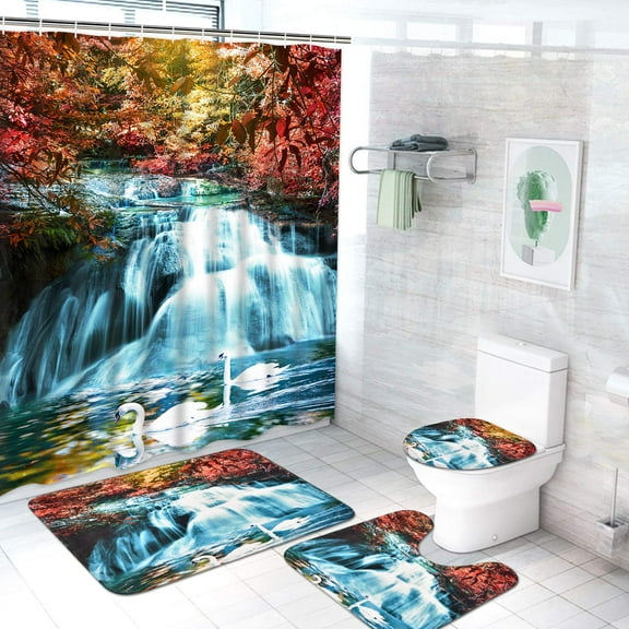 Forest Shower Curtain Set Non-Slip Rug Toilet Lid Cover Bath Mat Maple Leaf Bathroom Curtain Waterproof Natural Scenery Curtains