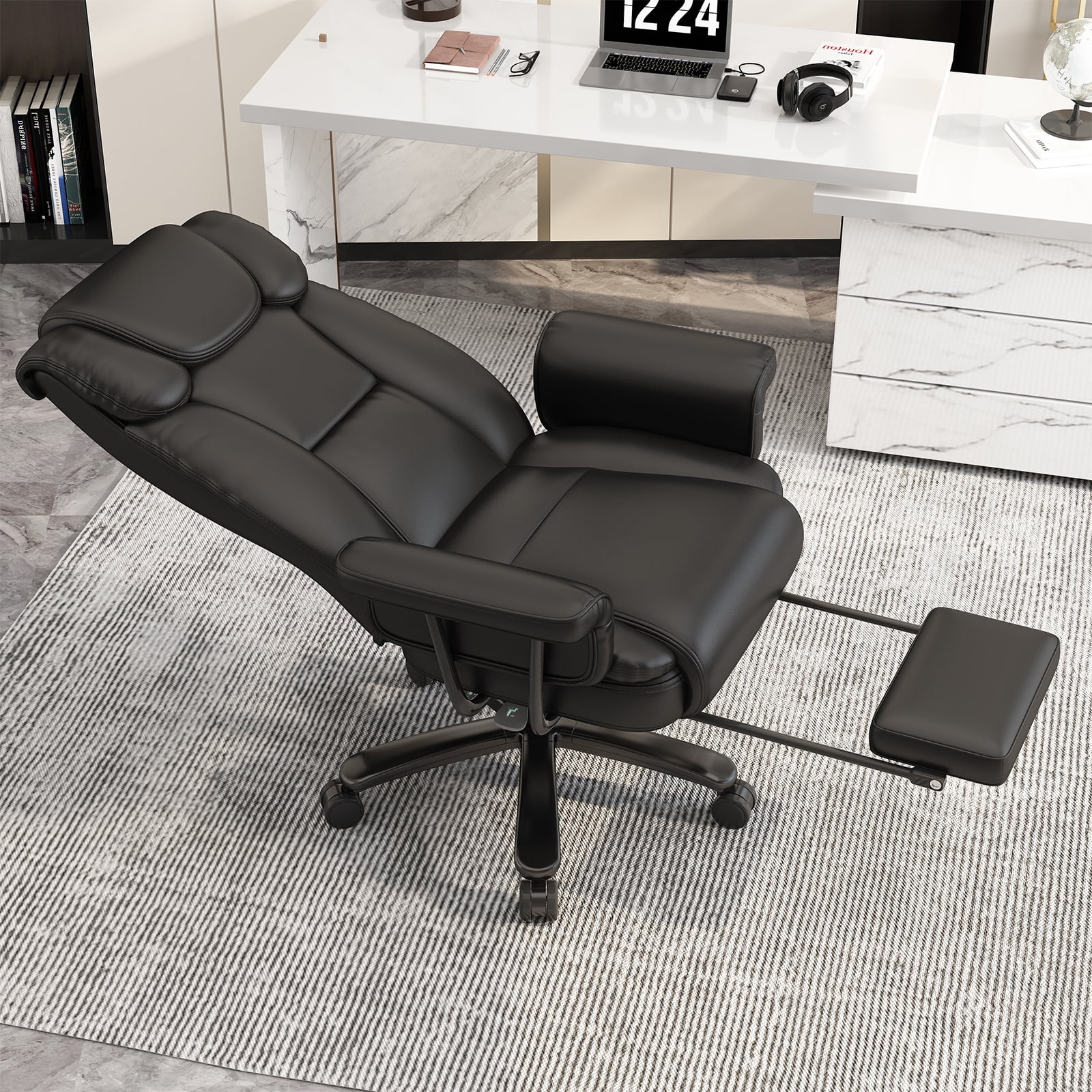 HomeZeer Big and Tall Office Chair with Footrest, 400 lbs Modern High Back Leather Office Chair, Reclining Wide Seat Ergonomic Executive Home Office Computer Desk Chair, Black