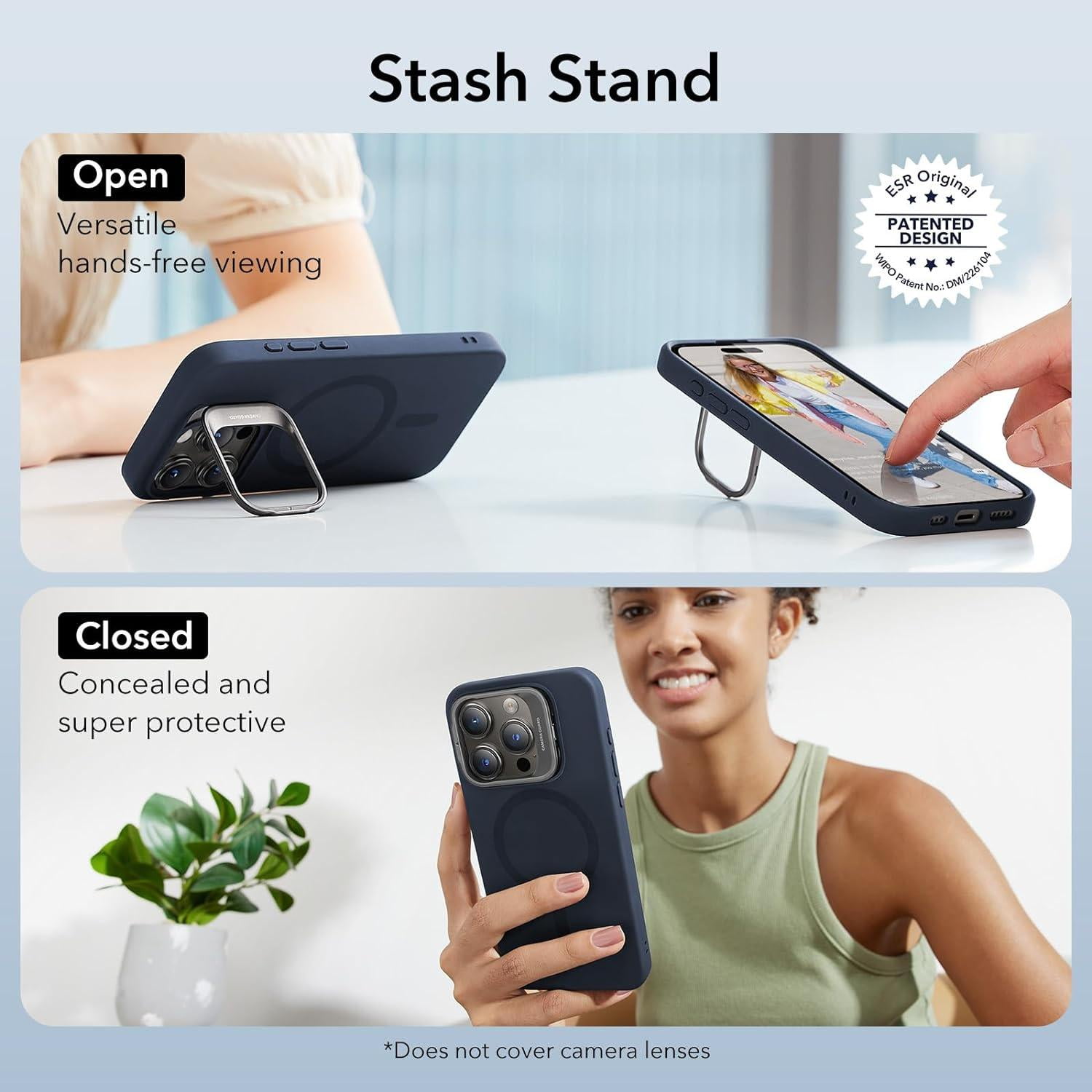 ESR iPhone 15 Pro Case, MagSafe Silicone Case with Stand, Military-Grade Protection, Built-in Camera Stash Stand, Dark Blue