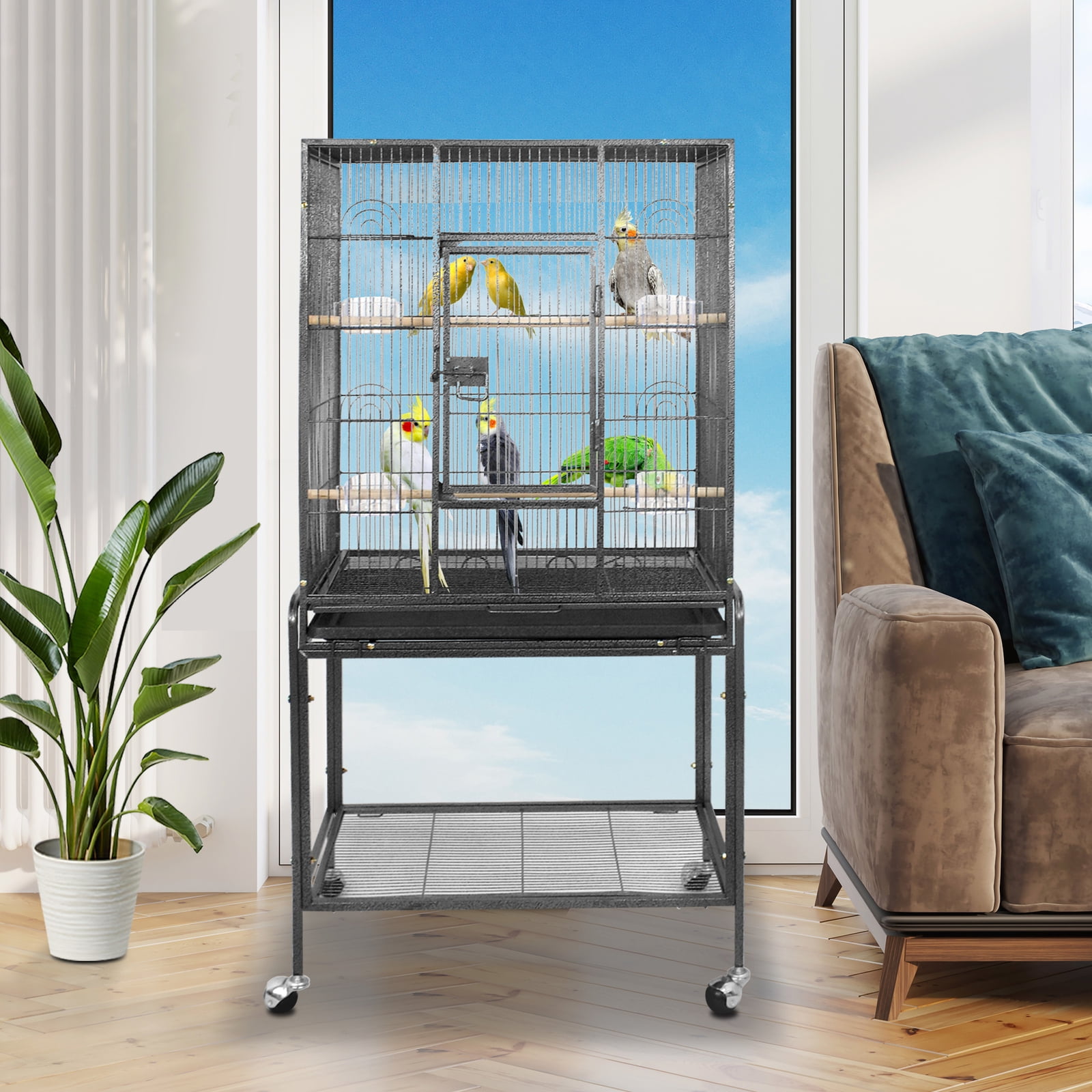 LINJH 53-inch Bird Cage w/Rolling Stand & Storage Shelf Large Wrought Iron Parrot Cage-Black