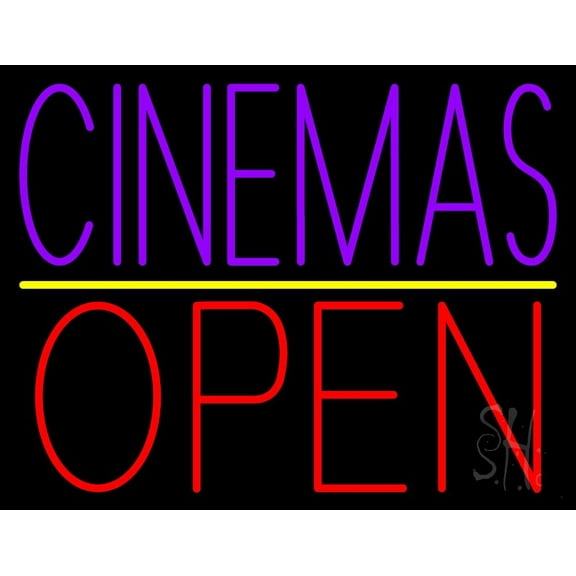 Purple Cinemas Open LED Neon Sign 24" Tall x 31" Wide - inches Black Square Cut Acrylic Backing, with Dimmer - Premium built indoor Sign for Cinema.