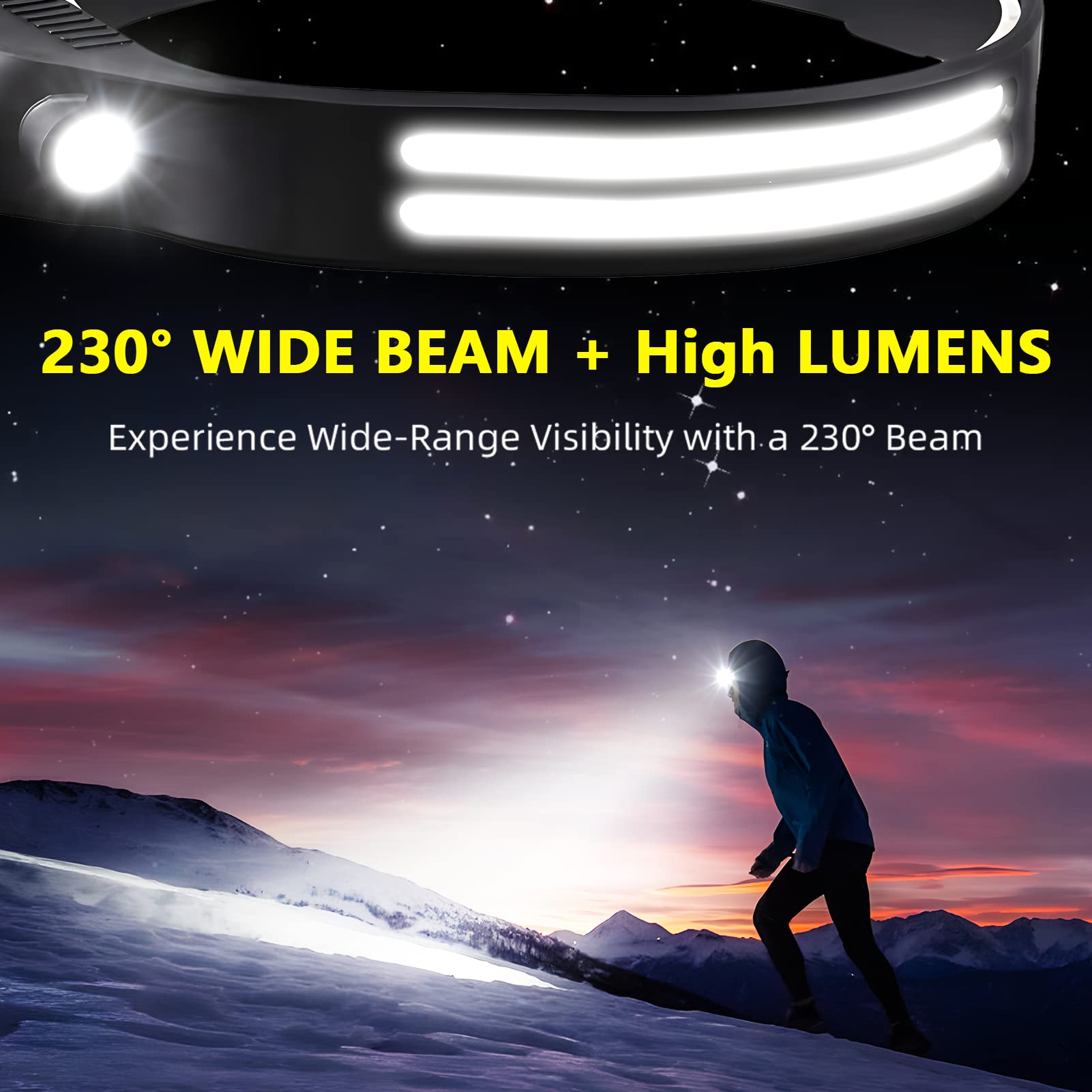 LED Headlamp Rechargeable 2PCS - 230° COB Super Bright Head Lights for Forehead, Hard hat Light for Adults, USB C Headband Flashlight for Work,Hiking,Running,Camping