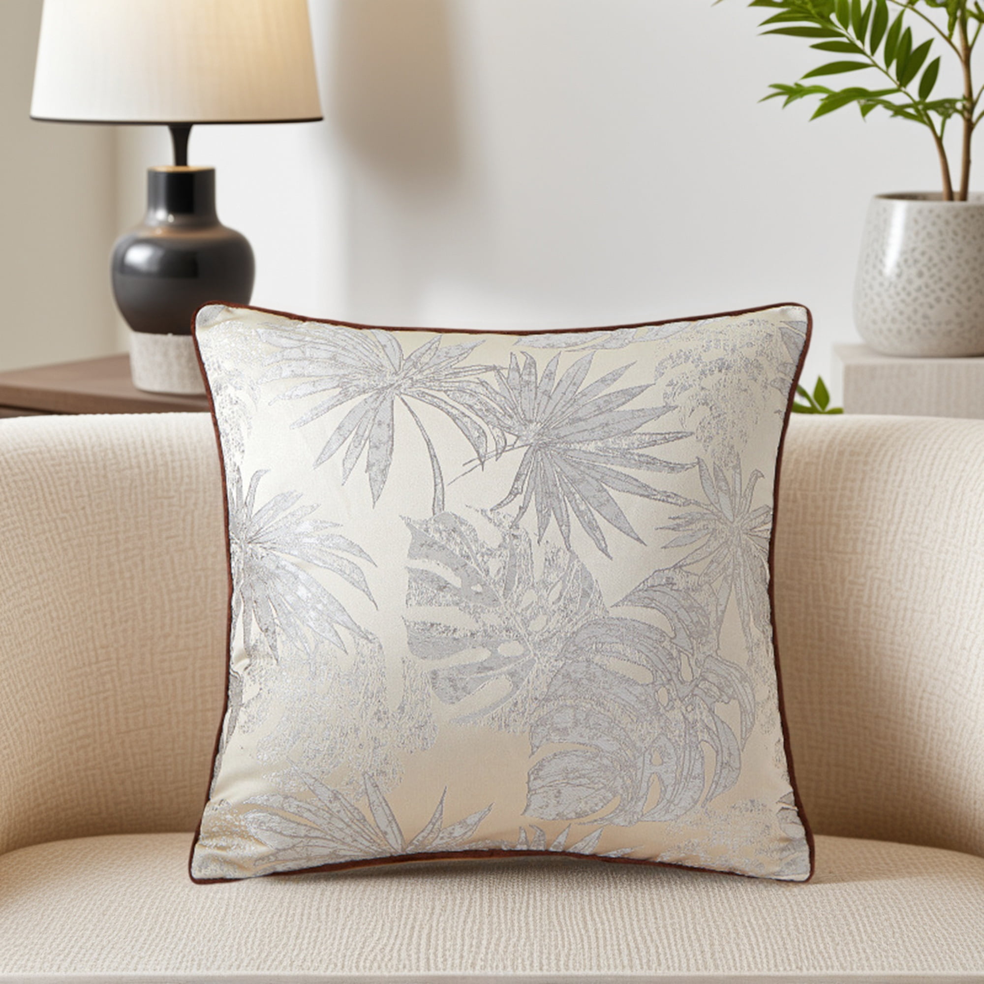 Unique Bargains 2pcs Velvet Tropical Leaf Jacquard Pillow Cover 18" x 18" Grey