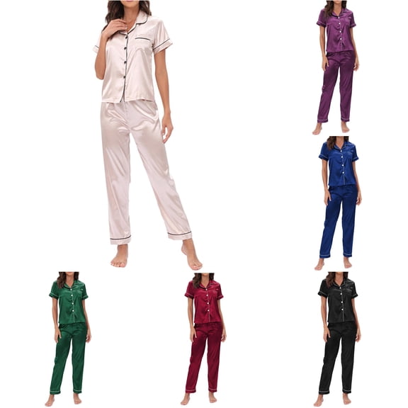 XIAOCHA Women's Solid Pajama Set Short Sleeve Button Straight Pant Night Suit