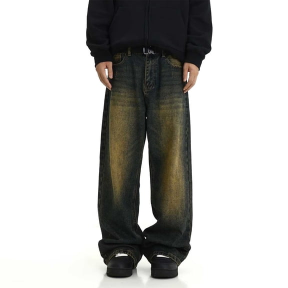 Blmnix Baggy Men's Pants Low Waisted Mens Jeans Relaxed Fit Palazzo Work Jeans Bottoms Wide-Leg Long Blue Casual Pants for Men,XXXL