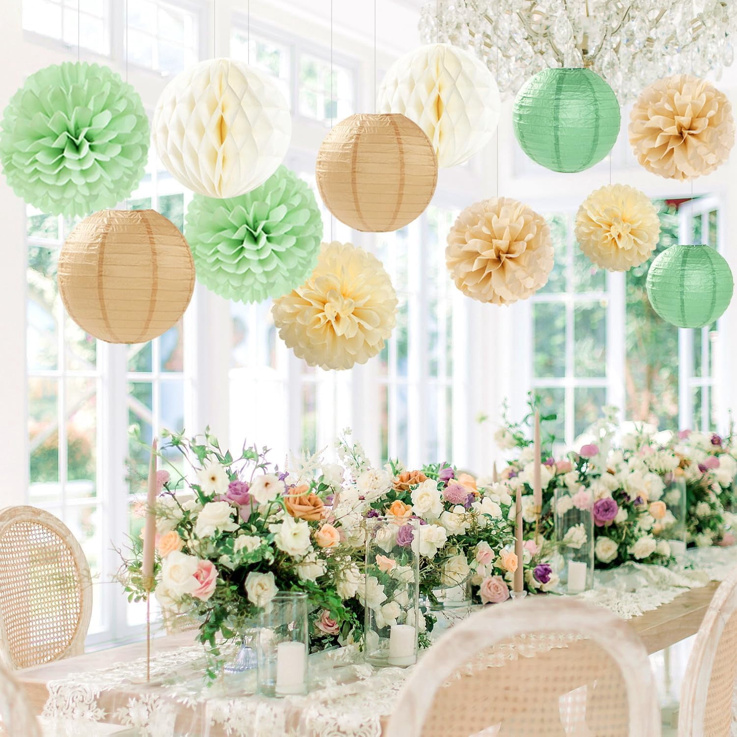 Sage Green Boho Party Decorations Paper Flowers Lanterns 15PCS Safari Rustic Neutral Baby Shower Tissue Pom Poms Streamers Champagne Gold Birthday Wedding Graduation Hanging Decor Supplies