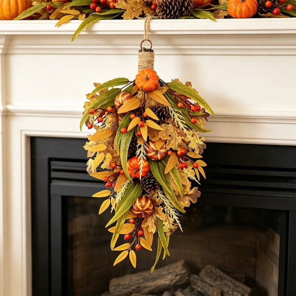 Sktrjpolfis Fall Pumpkin Teardrop Hanging Swag Front for Door, 27.56in Thanksgiving Farmhouse Decor