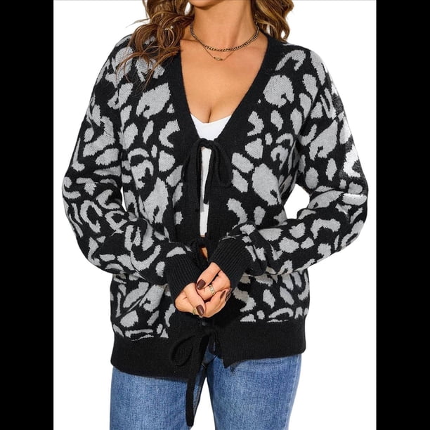 Cárdigan de Punto con Estampado de Leopardo y Lazo para Mujer, Larga, Cuello Redondo, Abertura Frontal, Informal, Holgado, para Exteriores. Negro M