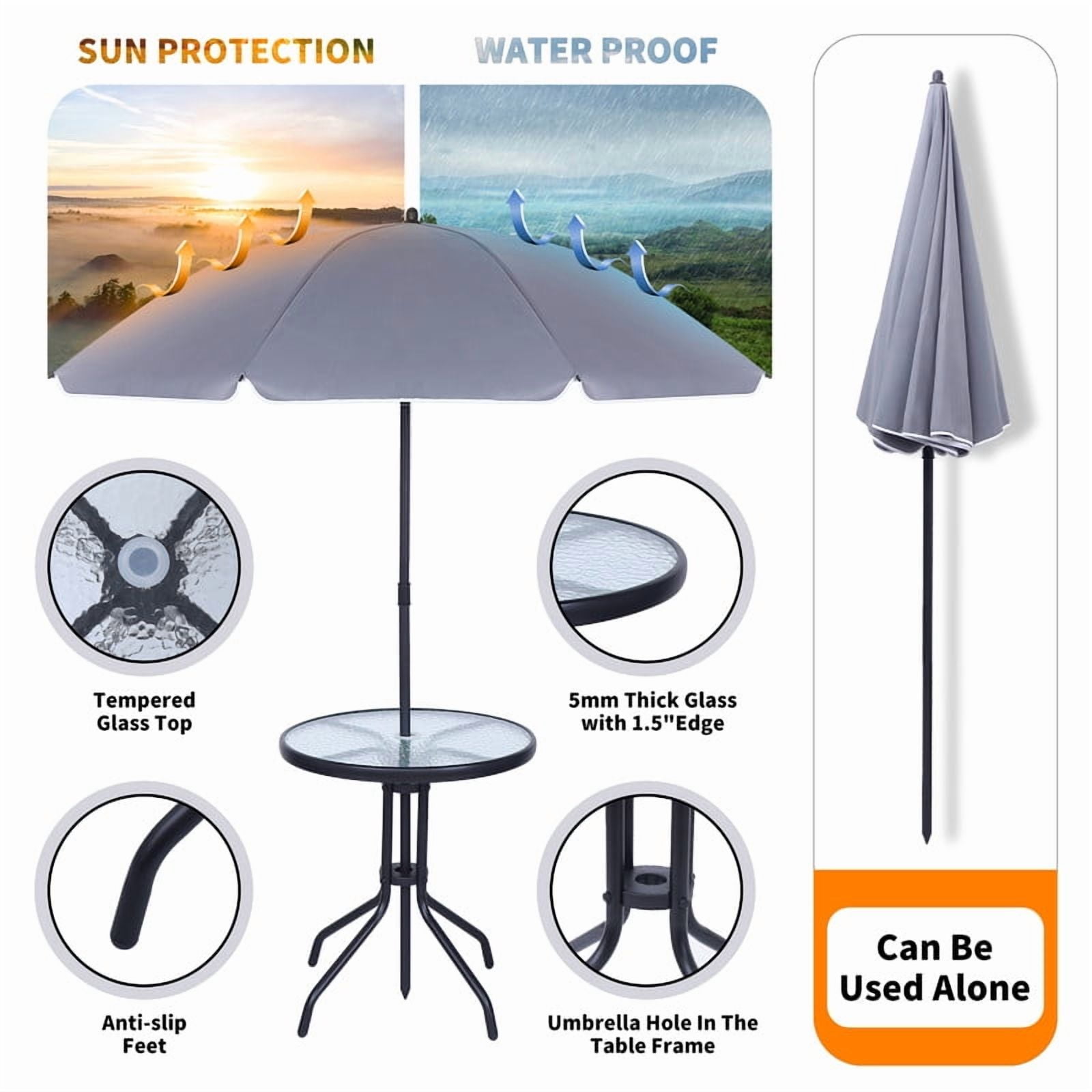 Outdoor Dinning Set, Patio Furniture Set, Patio Set with 2 Folding Chairs, 1 Glass Table & 1 Umbrella