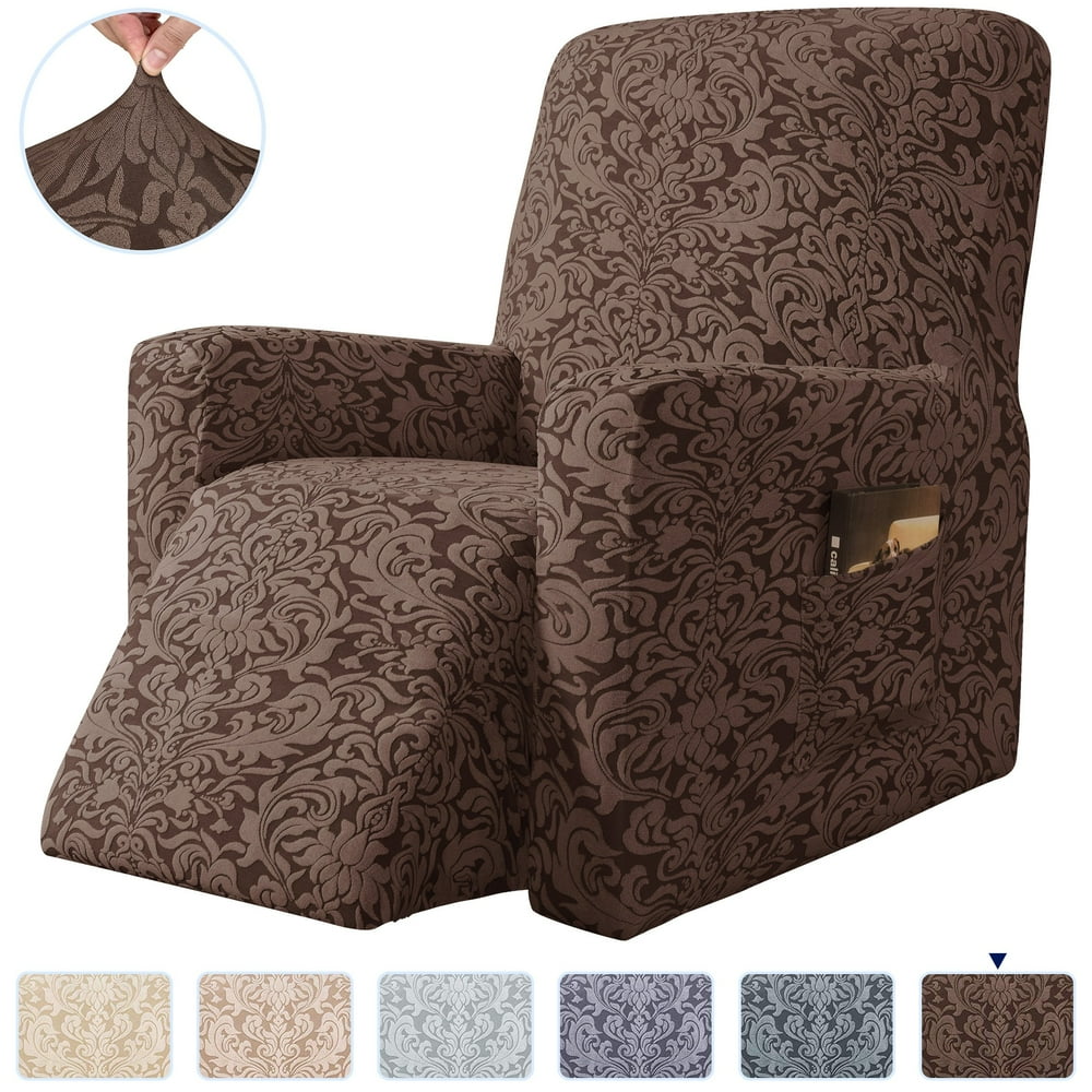 Subrtex 1piece jacquard damask stretchy recliner sofa cover, Brown