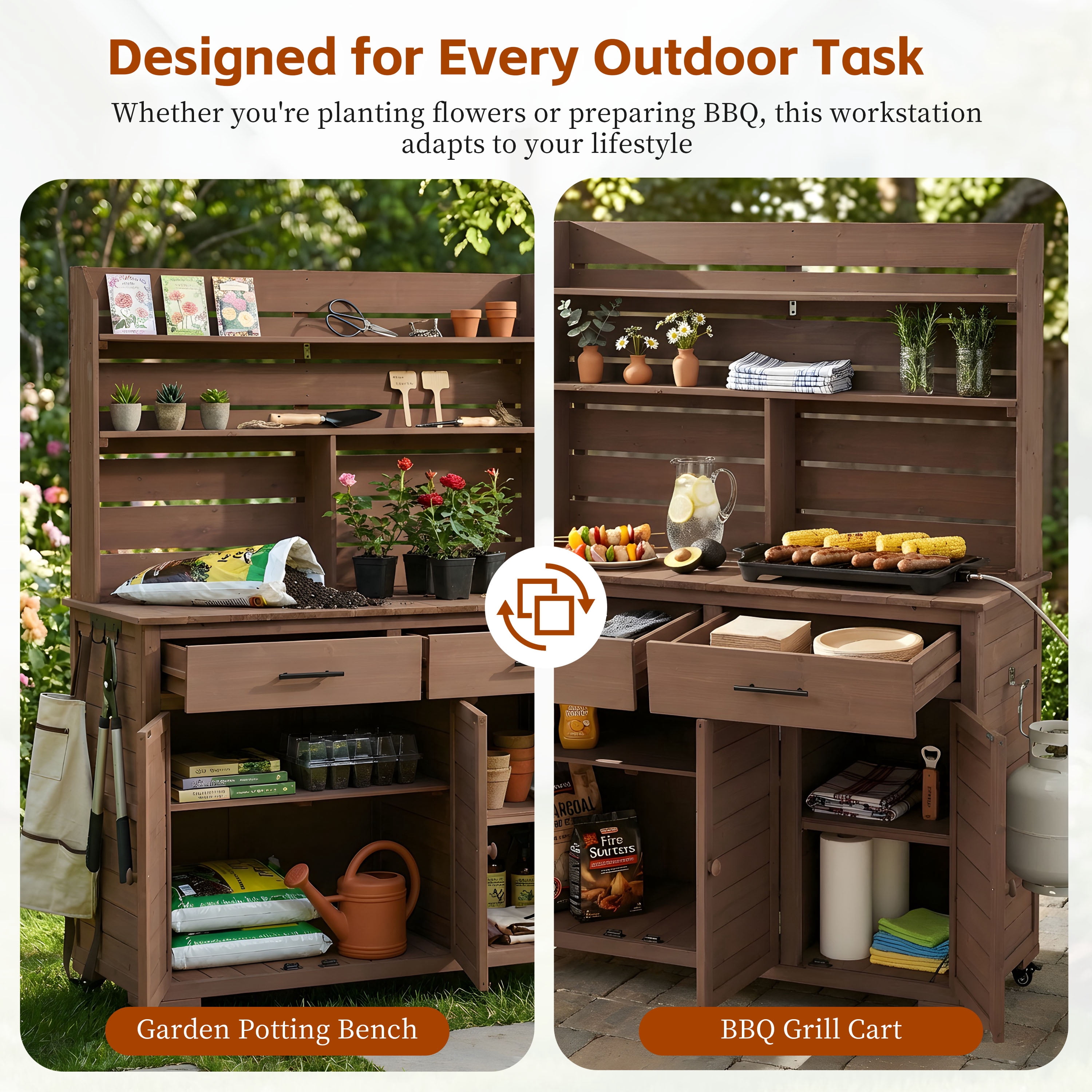 Mintazer 65"H Rolling Outdoor Potting Bench with 2 Drawers & Storage Cabinet, Farmhouse Kitchen Island Prep Cart with Hutch Top & Shelves, Brown