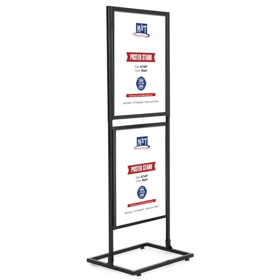 M&T Displays Black 22x28 Metal Slide-In Poster Stand, 2-Tier Double-Sided Floor Sign Holder Display