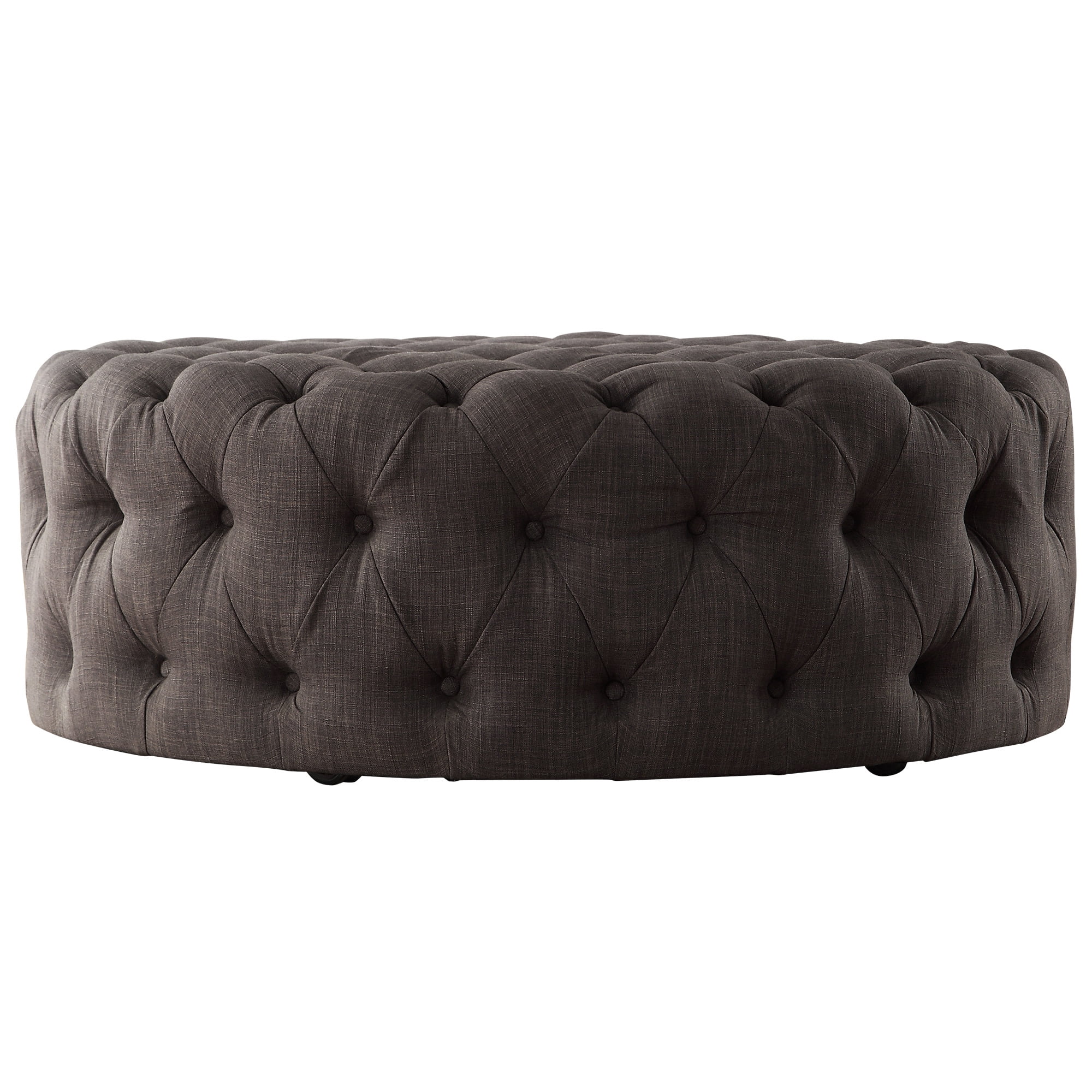 Weston Home Bowman Linen Round Button Tufted Ottoman with Casters, Dark Grey