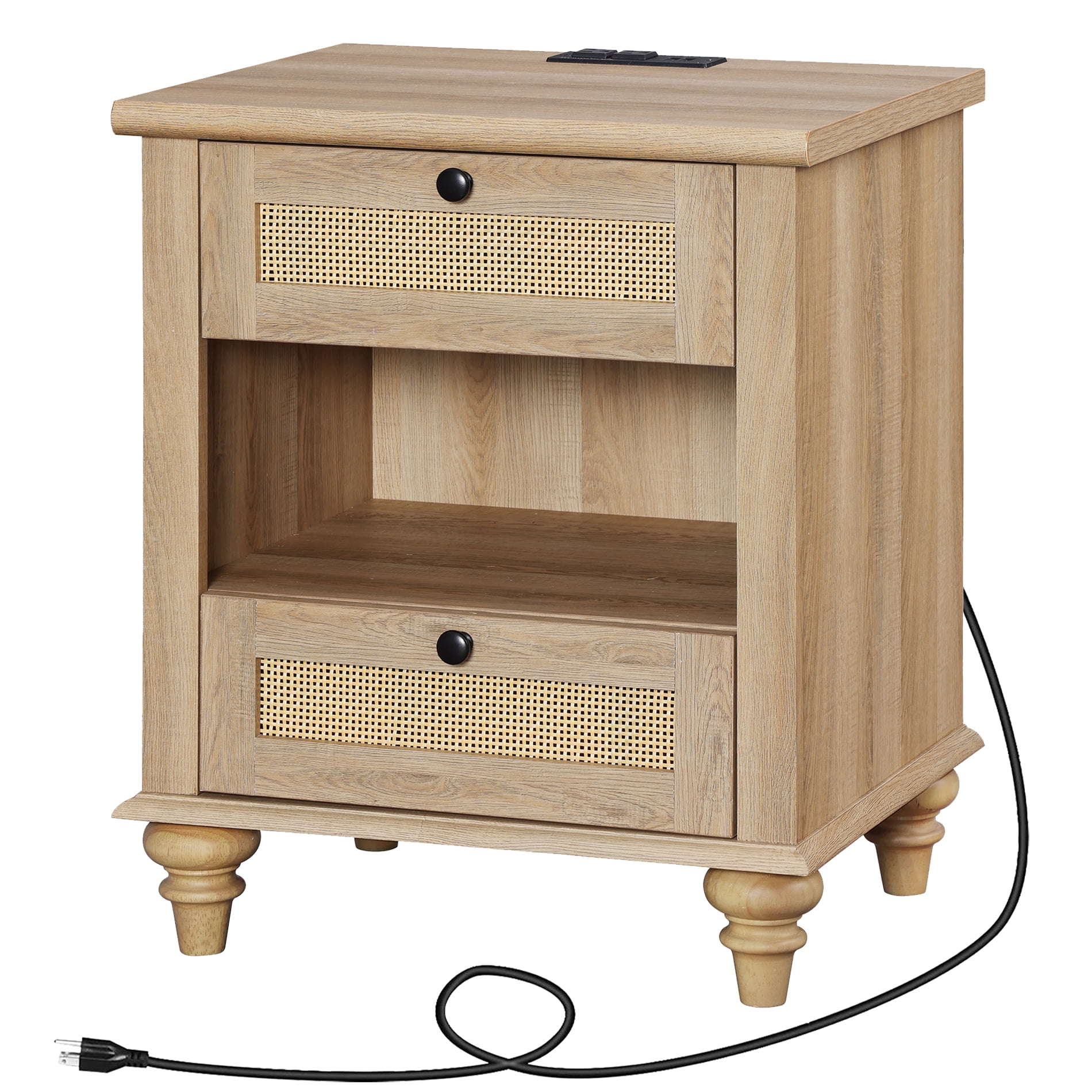 Rattan Nightstand with Charging Station, Farmhouse End Table with 2 Drawers & Open Cubby for Bedroom, Living Room, Light Rustic Oak