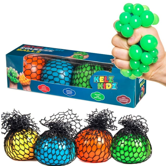Juguete inquieto Squishy Balls KELZ KIDZ, malla duradera, paquete de 4 unidades de regalo