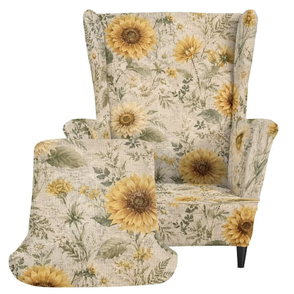 FKELYI Retro Sunflower Print Wingback Chair Slipcover Stretch Fit Wing Back Armchair Cover Non-Slip Furniture Protector Cover 2 Pcs Sofa Covers for Living Room Home Decor