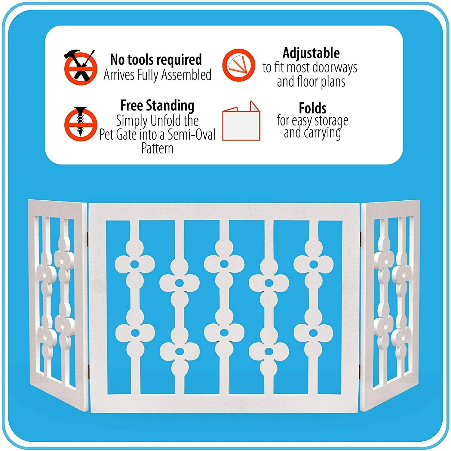 White Floral Wood Pet Dog Gate Foldable Adjustable 3-Section Freestanding Extra Wide. Keeps Pets Safe Indoors/Outdoors - Fully Assembled