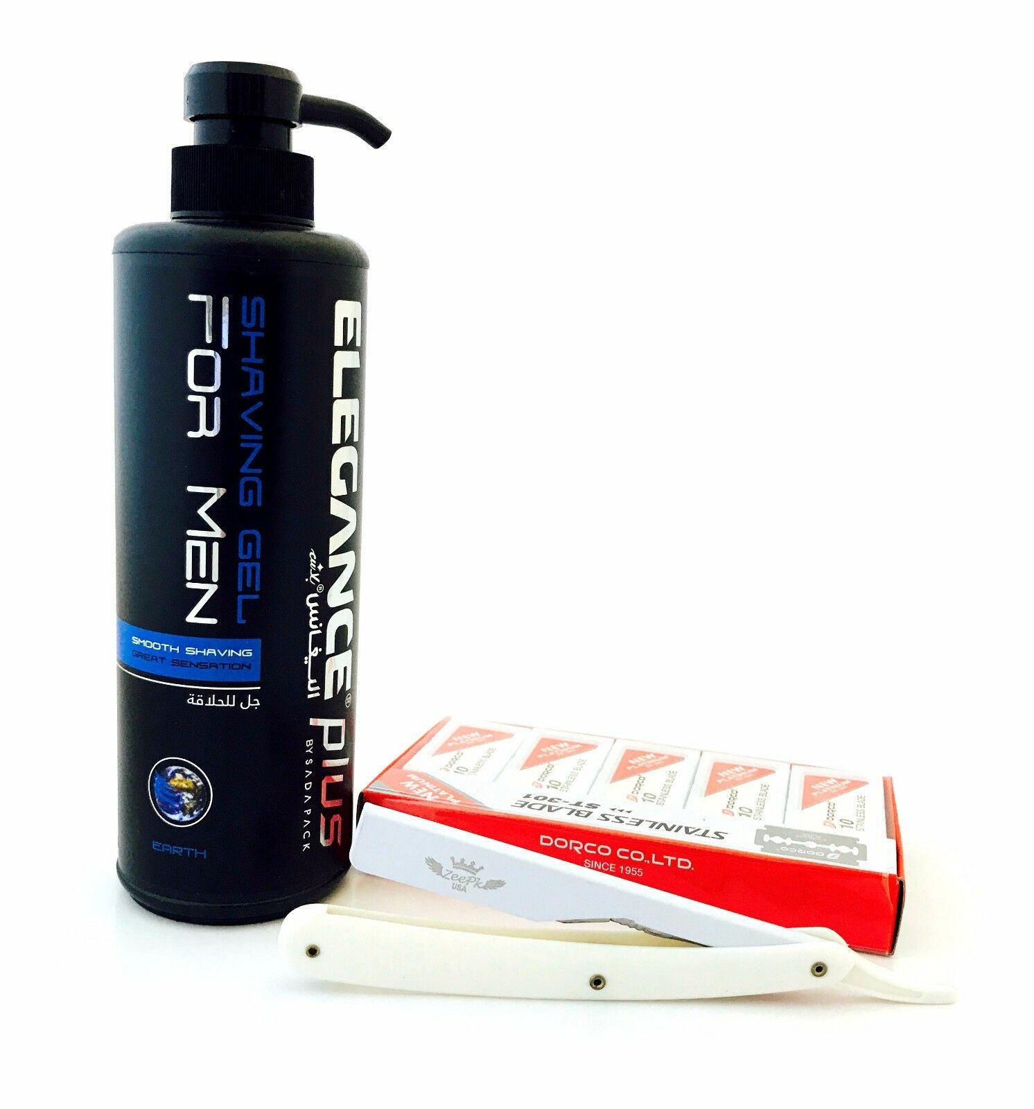 CUT THROAT BARBER SHAVING RAZOR, ELEGANCE EARTH SHAVING GEL, 100 DORCO