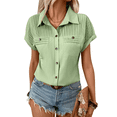 thumbnail image 3 of Women'S Button Down Shirt Pleated Short Sleeve 2025 Summer Slim Fit Business Casual Dress Blouse with Pocket Light Green XL, 3 of 9