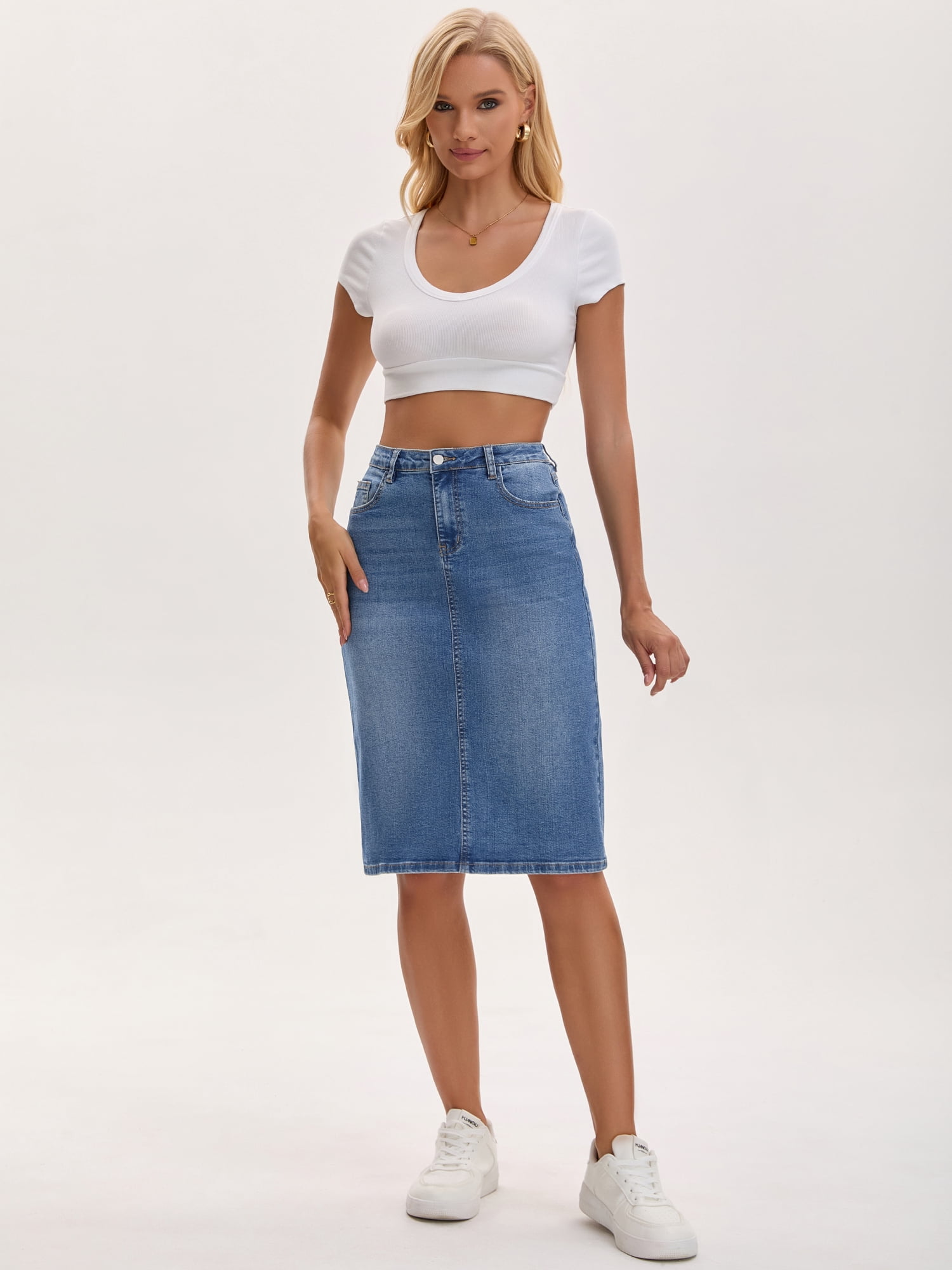 DARING DIVA Women's Jean Back Slit Stretch Below Knee Length Denim Skirts XXL Blue