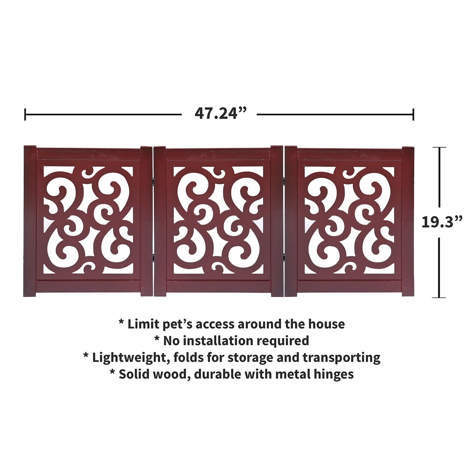 HOME DISTRICT Dog Gate Freestanding Pet Gate 4-Panel & 3 Panel Pet Gate for Dogs Folding Dog Gate Quadfold & Trifold Pet Gate for Small Dogs Decorative Pet Gate for Dogs Indoor, Mahogany Scroll 47x19"