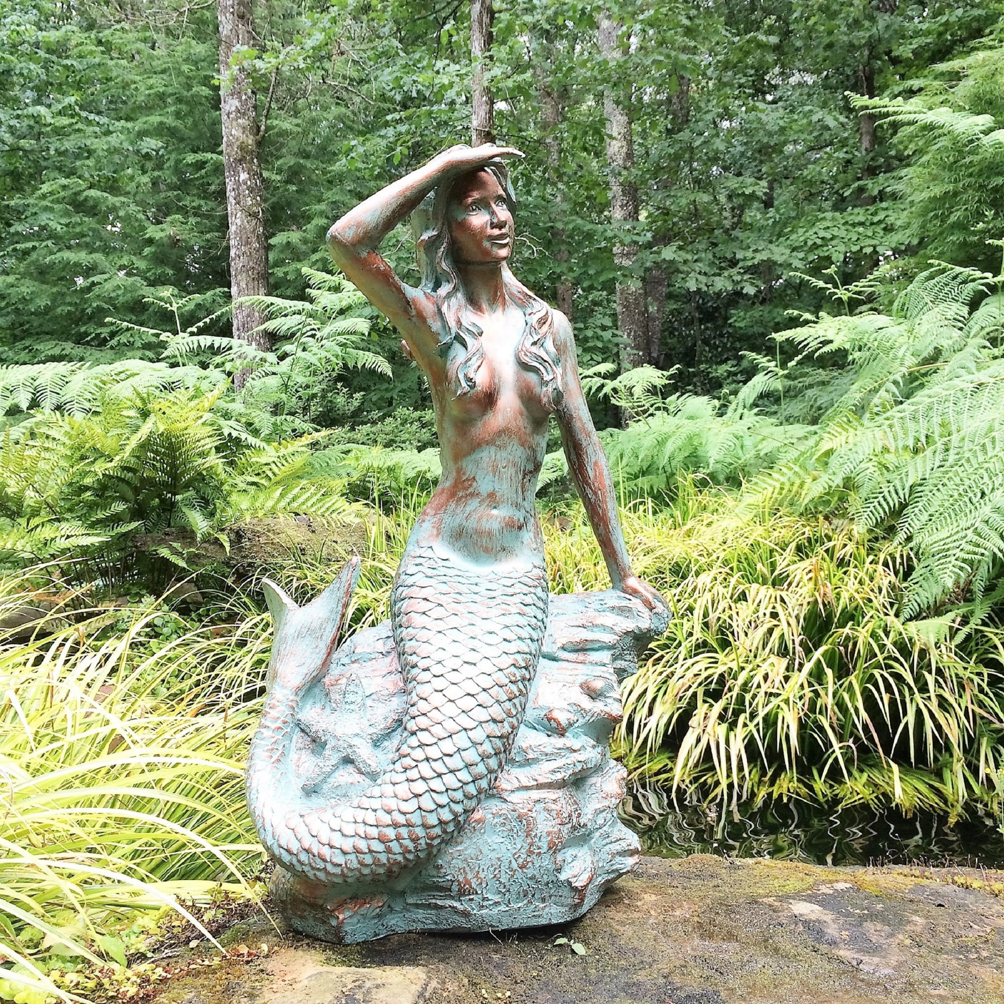 Homestyles 30 in. Giant Classic Mermaid Sitting on Coastal Ocean Rock Looking Out to Sea in Bronze Patina Finish Beach Nautical Garden Statue