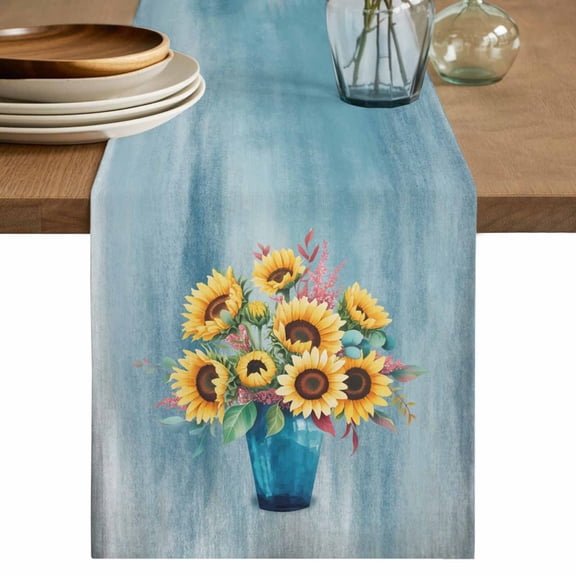 Table Runner 72 Inches Long for Kitchen Dining, Yellow Sunflowers Dresser Scarf Farmhouse, Dining Table Decorations for Wedding/Parties, Spring Botanical Floral Vases Painting 14 x 72 In