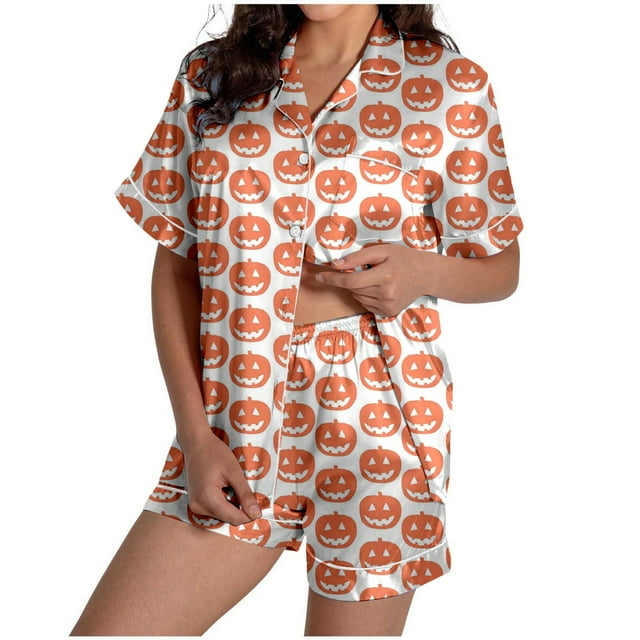 Ensemble de Pyjama d'Halloween pour Femmes 2025 Automne, Graphique, Chemise Boutonnée, Vêtements de Nuit, Dames, Mignon, Ensemble 2 Pcs Haut et Short, Ensembles de Pyjamas