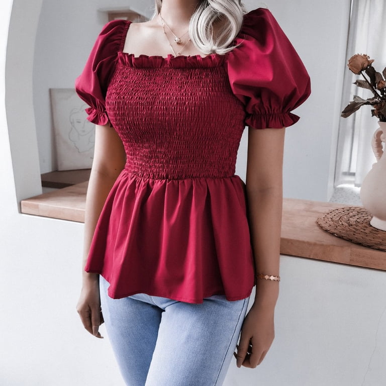 BLVB Women's Spring Puff Short Sleeve Square Neck Ruffle Smocked
