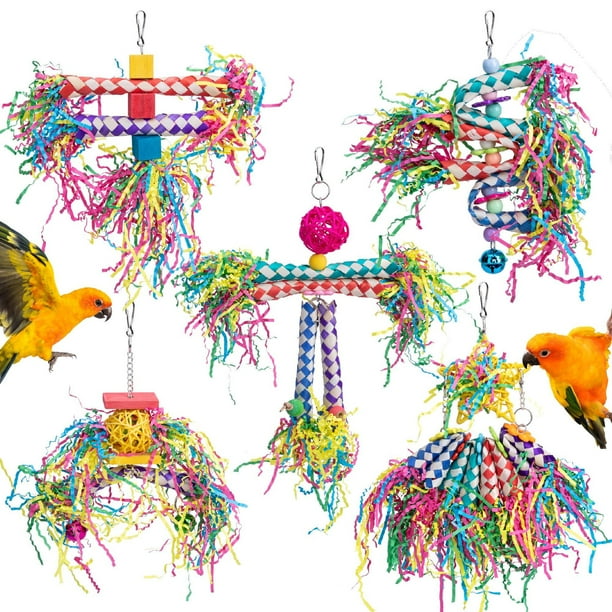 Juguetes para pájaros, 5 piezas de juguetes coloridos para triturar pájaros, juguetes colgantes para masticar periquitos, juguetes de forraje para pájaros para loros pequeños medianos, conur