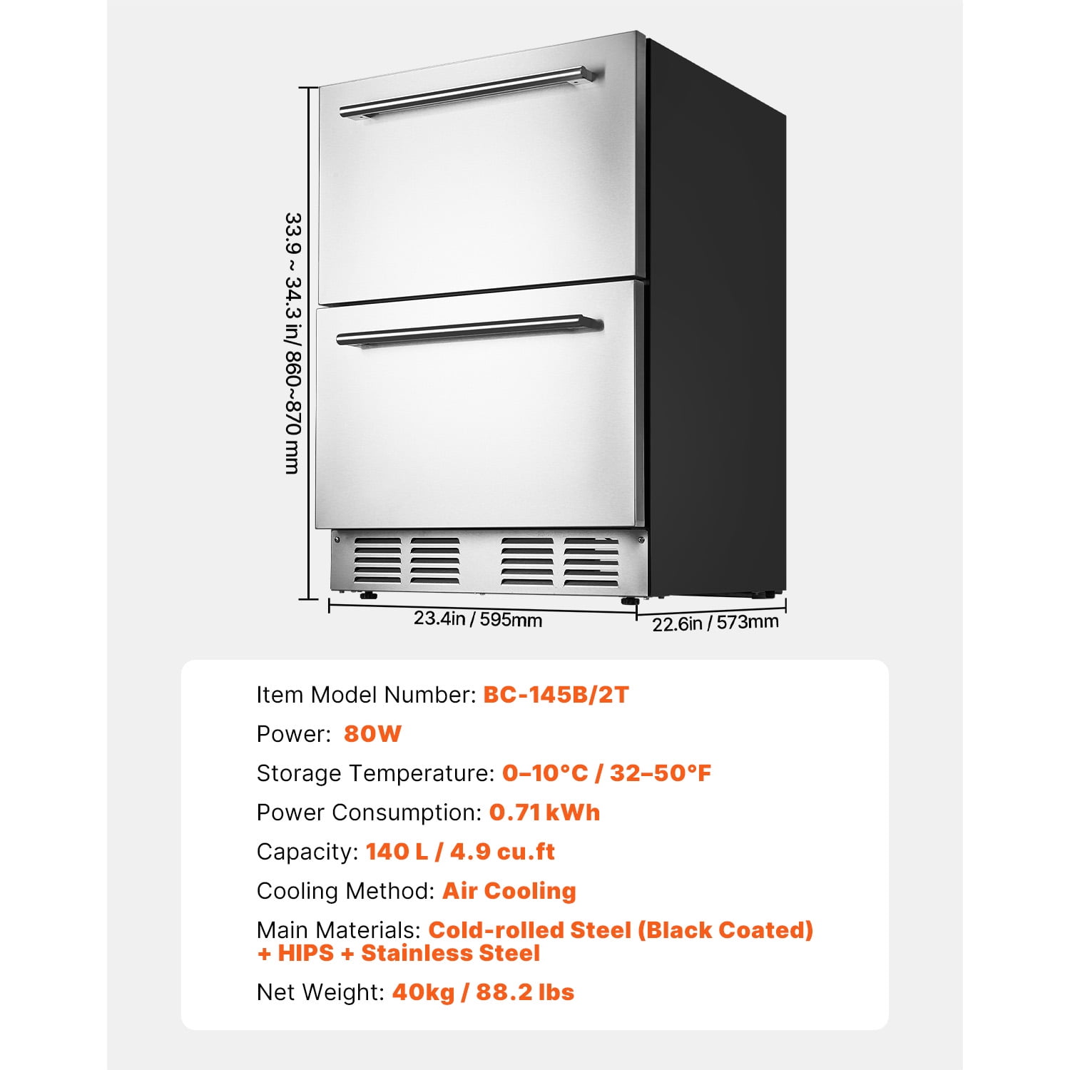 KFFKFF 24-Inch Under-Counter Drawer Refrigerator, Stainless Steel Dual Drawer Fridge with Adjustable Temperature, Outdoor Cooler with Efficient Compressor & LED Display, Suitable for Home, Office