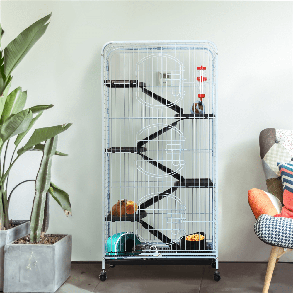 Alden Design Large 6 Level Rolling Pet Cage with 3 Doors, Pet Bowl, and Water Bottle for Small Animals, White