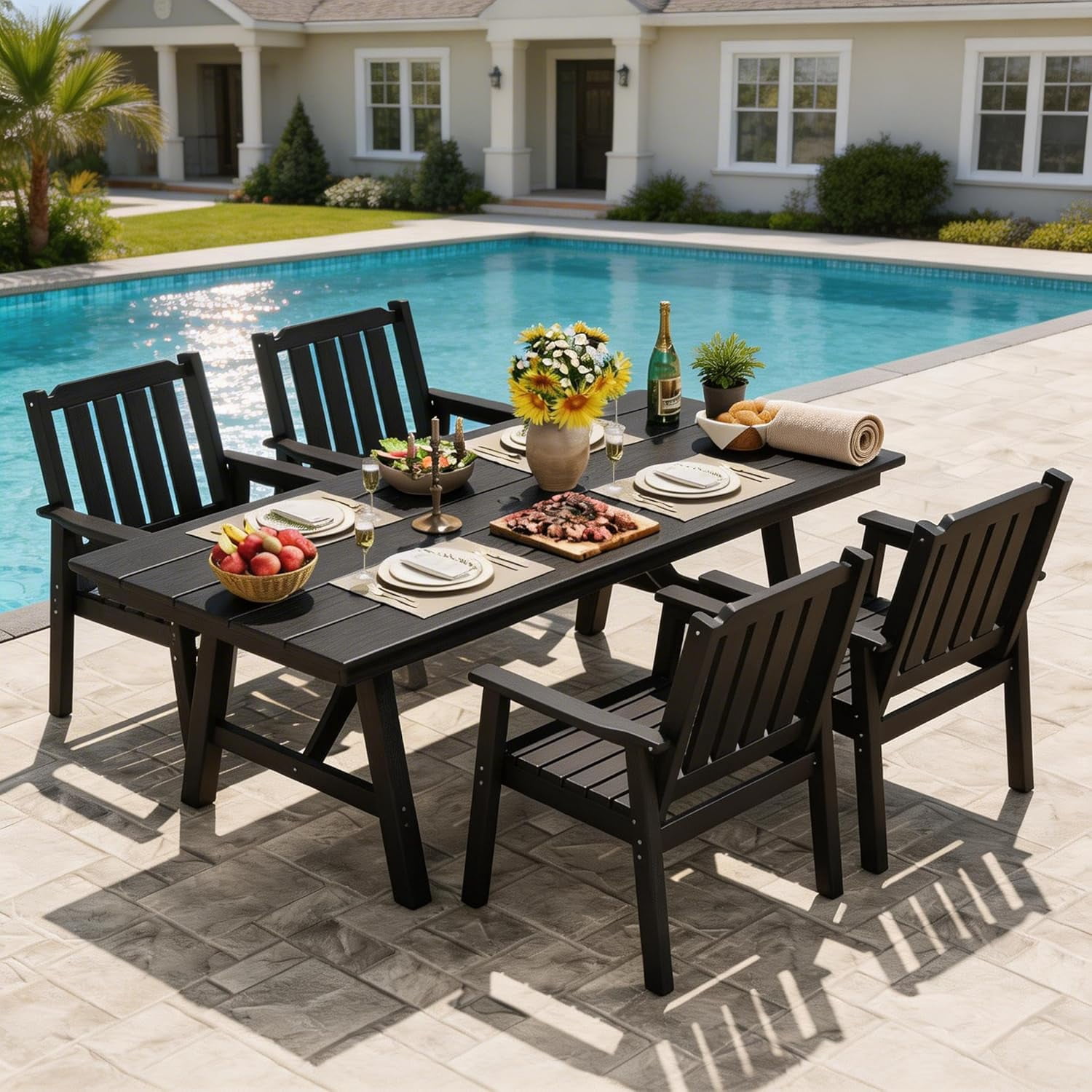 EliteEdge Set of 2 23.9" Wide HDPE Patio Dining Chairs, 650LBS Capacity All-Weather Armchairs with Slatted Seat, Heavy Duty Modern for Garden, Poolside, Deck,Black