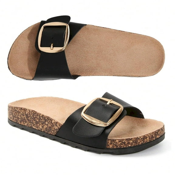 Womens Slide Sandals Chunky Heel Open Toe Platform Thick Sole Memory Cork Footbed Summer Beach