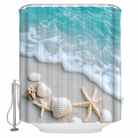 Teal Beige Shower Curtain, 66" x 72", Beach Starfish Seashell Sand Sea Waves Scenery Waterproof Bathroom Curtain Washable Shower Curtain Set with 12 Hooks