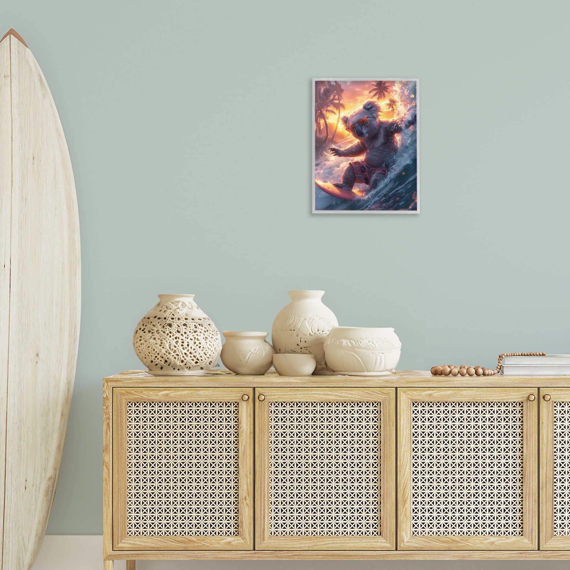 Stupell Industries Surfing Tropical Koala Coastal Painting Gray Framed Art Print Wall Art, 16 x 20