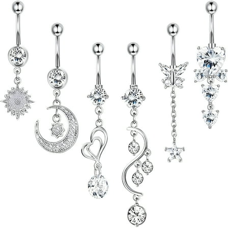DESIGNICE Navel Rings Silver 14G Belly Button Rings, Surgical Steel, 6 Piece