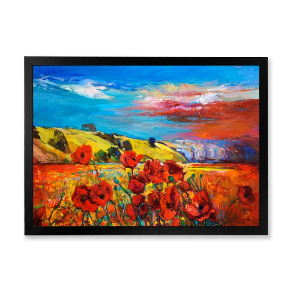 Designart 'Blossomg Red Poppies Under A Blue Sky' Traditional Framed Art Print