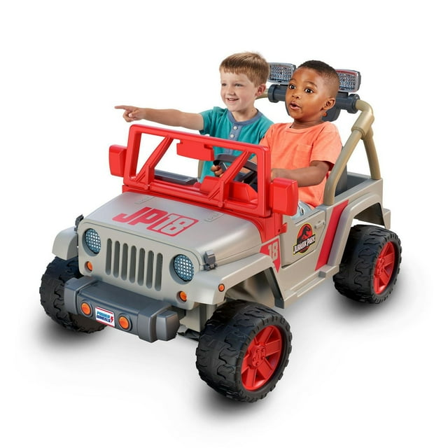 Power Wheels Jurassic Park Jeep Wrangler Ride-On Car with Dinosaur Sounds & Light Bar, 2 Seater