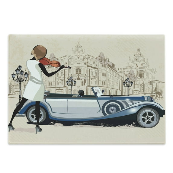 Urban Cutting Board, Hand Drawn Illustration of Street Musician Retro Cars and Old Buildings Vİntage, Decorative Tempered Glass Cutting and Serving Board, Large Size, Beige and Brown, by Ambesonne