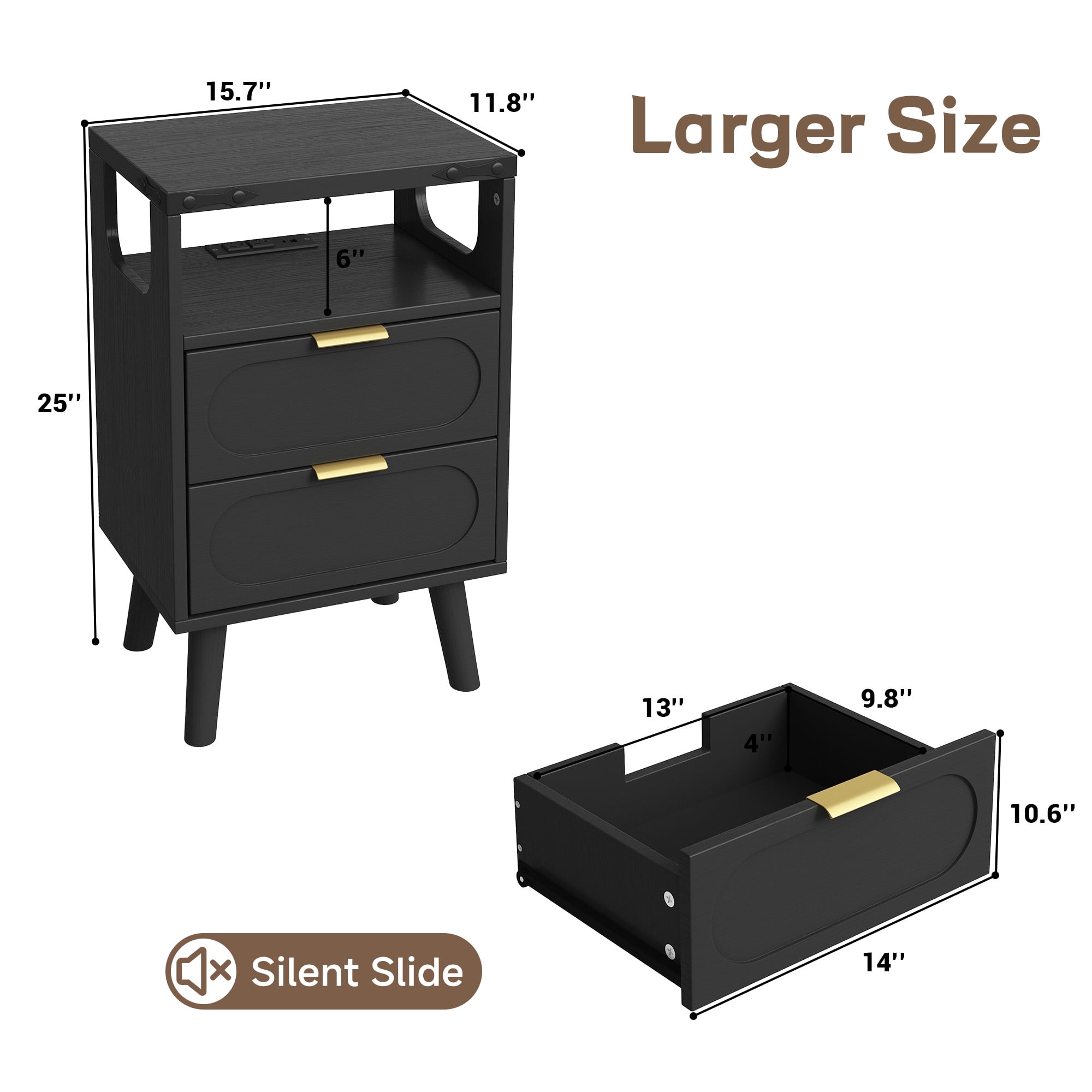 Smart LED Nightstand with Charging Station, Side Table with 2 Wooden Drawers, End Table with Open Shelf, Night Stand for Bedroom, Black