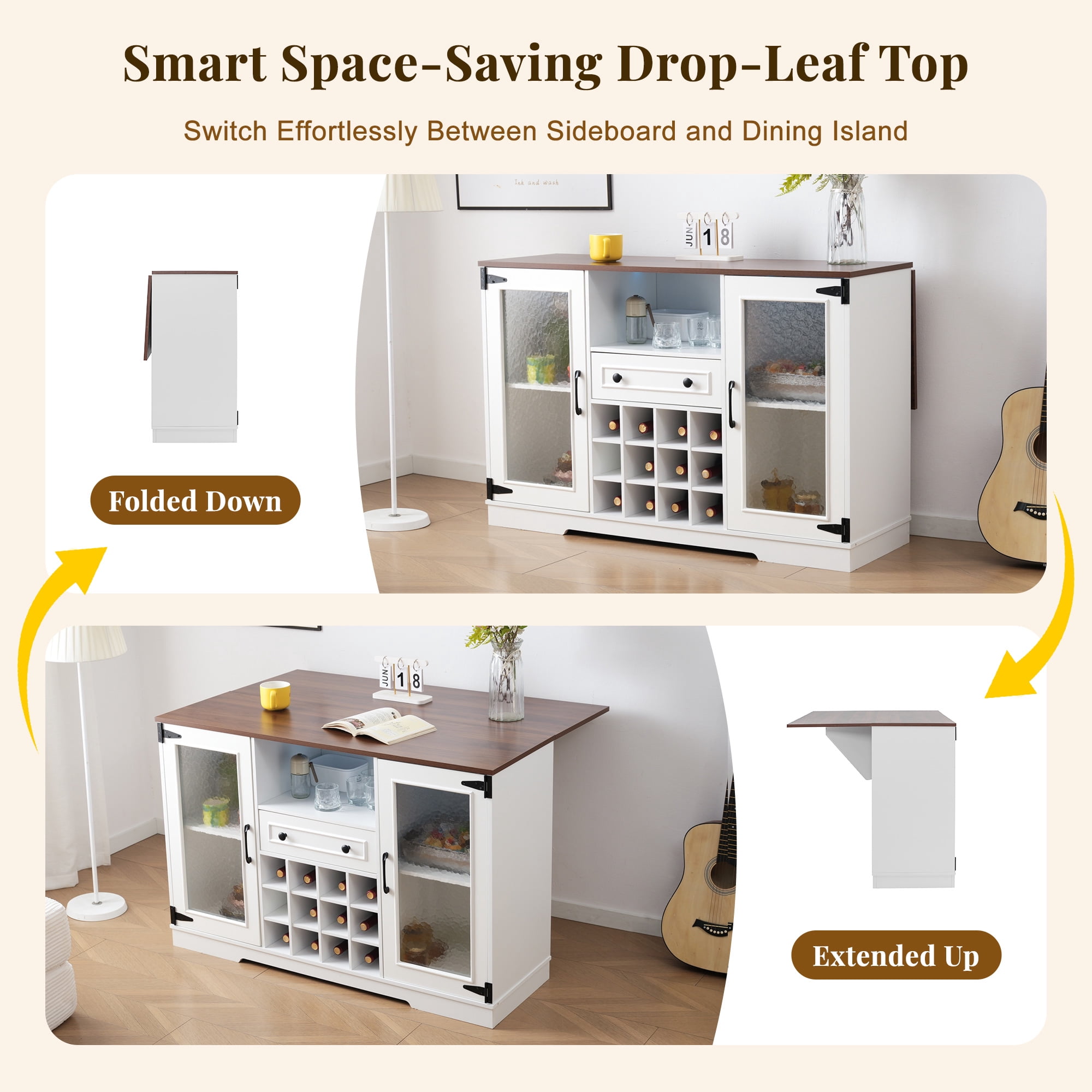 Euroco Coffee Bar Cabinet with Drop Leaf, Liquor Wine Bar Cabinet with LED Lights,Glass Doors,12 Wine Racks,1 Drawer & Open Shelf,Farmhouse Kitchen Cabinet for Dining Room,Walnut+White