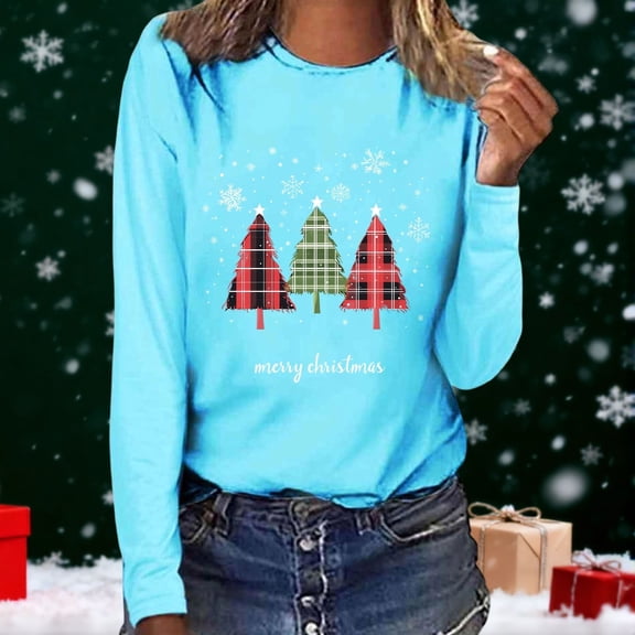 BLTIBY Long Sleeve Christmas Tops for Women Dressy Pullover Round Neck Shirts Xmas Printed Blouse Comfort Fashion Sky Blue L