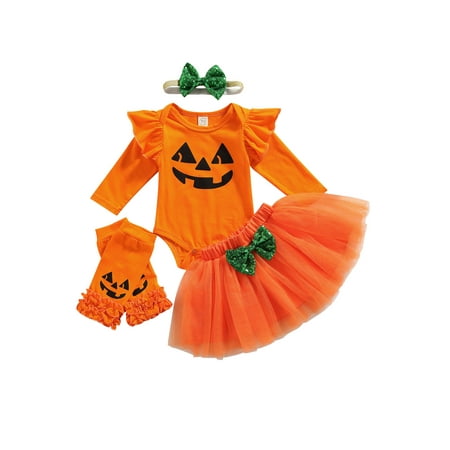 

Sunisery 4PCS Newborn Infant Kids Baby Girls Halloween Romper Mesh Skirt Leggings Headwear Set Orange 18-24 Months