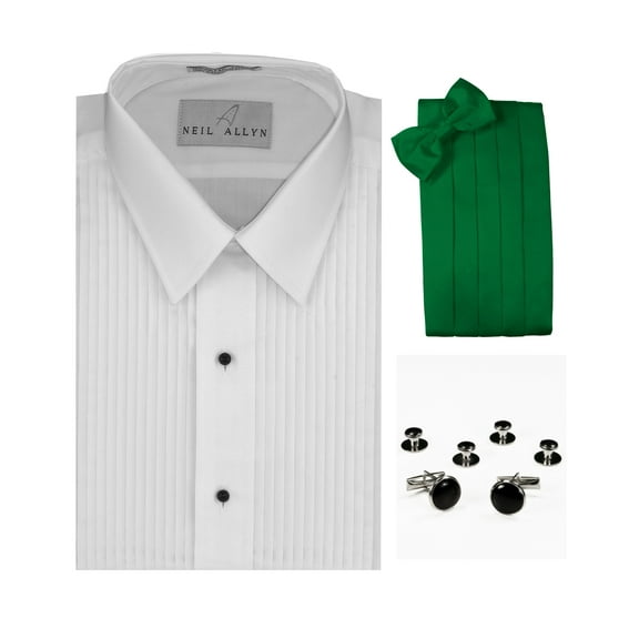 Tuxedo Shirt, Kelly Green Cummerbund, Bow-Tie, Cuff Links & Studs Set