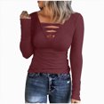 thumbnail image 2 of Towmus Women Casual Long Sleeve Tunic Tops V-Neck T Shirts Criss Cross Ribbed Casual Tee Slim Fitted Fall Blouse, 2 of 7