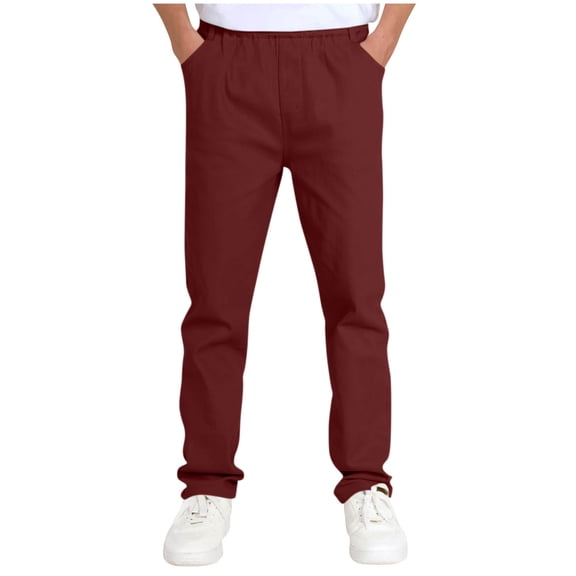 Plebaso Boys Girls School Uniform Pants Straight Leg Pull on Casual Trousers Elastic Waist Pants with Pockets