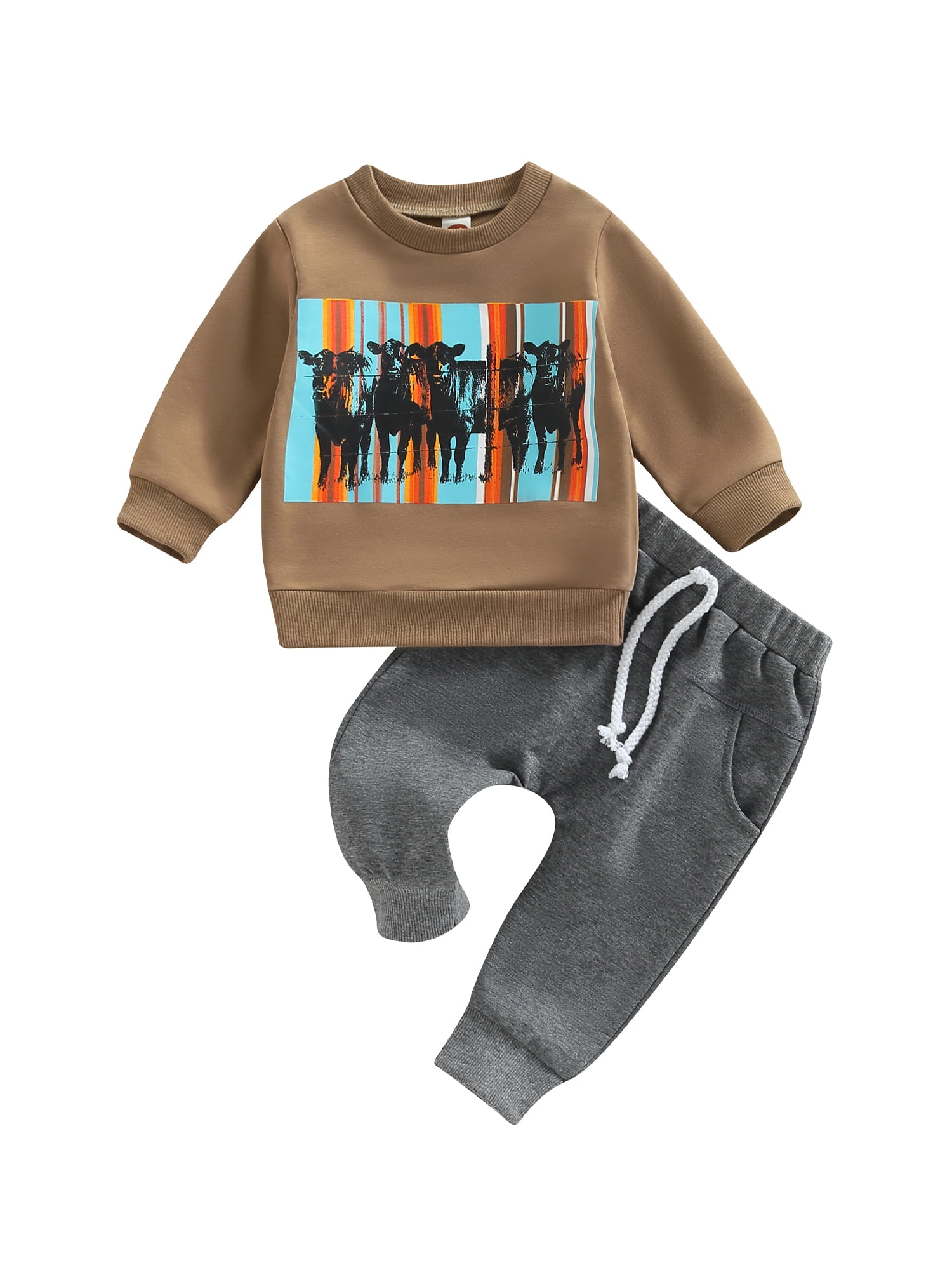 Kid Baby Boy Spring Clothes Set Letter Cow Head Print Long Sleeve