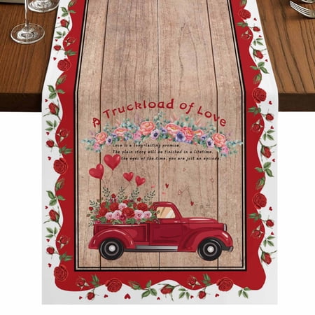 Table Runners 108 Inches Long Dress Scarves Valentine s Day Farmhouse Coffee/Dining/Kitchen Table Runner for Living Room Red Truck Love Heart Roses Romantic Wooden 13x108 Inch